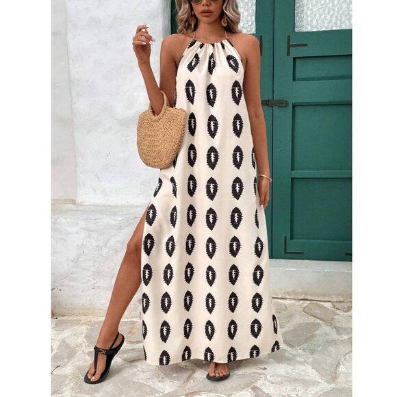 WILA Dresses & Skirts - Backless maxi dress halter neck minimalist boho maxi dress geo print cream black